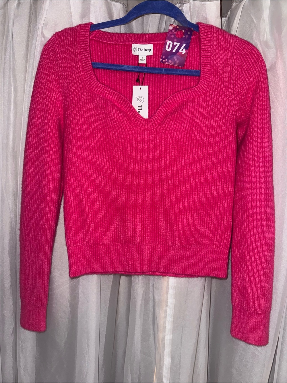The Drop Women's V-Neck Ribbed Sweater in Hot Pink